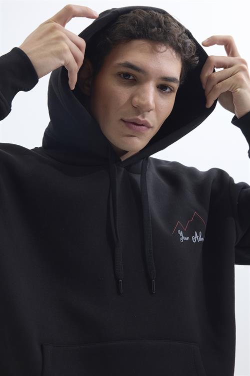 Unisex Oversize Geniş Kesim Pamuklu Yumuşak Dokulu İçi Polarlı Baskılı Siyah Kapüşonlu Sweatshirt