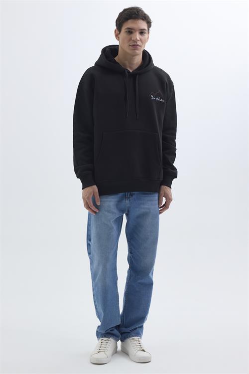 Unisex Oversize Geniş Kesim Pamuklu Yumuşak Dokulu İçi Polarlı Baskılı Siyah Kapüşonlu Sweatshirt