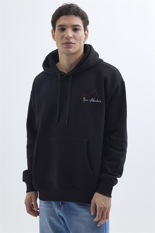 Unisex Oversize Geniş Kesim Pamuklu Yumuşak Dokulu İçi Polarlı Baskılı Siyah Kapüşonlu Sweatshirt