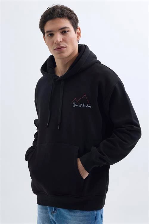 Unisex Oversize Geniş Kesim Pamuklu Yumuşak Dokulu İçi Polarlı Baskılı Siyah Kapüşonlu Sweatshirt - 1 Alana 1 Bedava