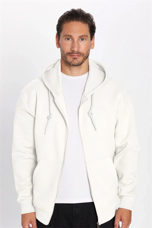 Unisex Relax Fit Rahat Kesim Pamuklu İçi Polarlı Çift Cepli Fermuarlı Beyaz Kapüşonlu Sweatshirt