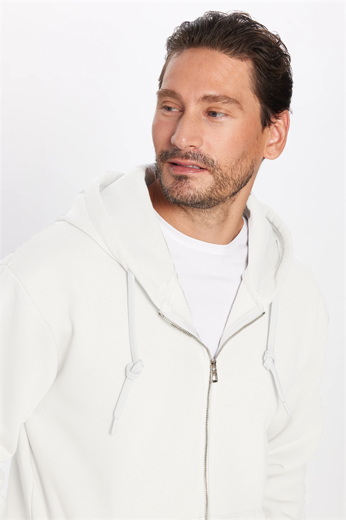 Unisex Relax Fit Rahat Kesim Pamuklu İçi Polarlı Çift Cepli Fermuarlı Beyaz Kapüşonlu Sweatshirt