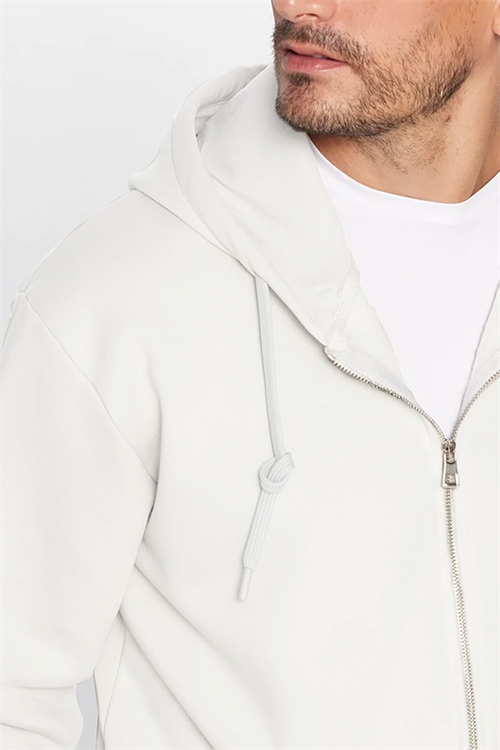 Unisex Relax Fit Rahat Kesim Pamuklu İçi Polarlı Çift Cepli Fermuarlı Beyaz Kapüşonlu Sweatshirt