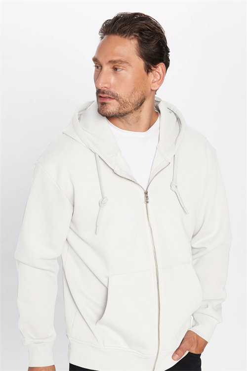 Unisex Relax Fit Rahat Kesim Pamuklu İçi Polarlı Çift Cepli Fermuarlı Beyaz Kapüşonlu Sweatshirt