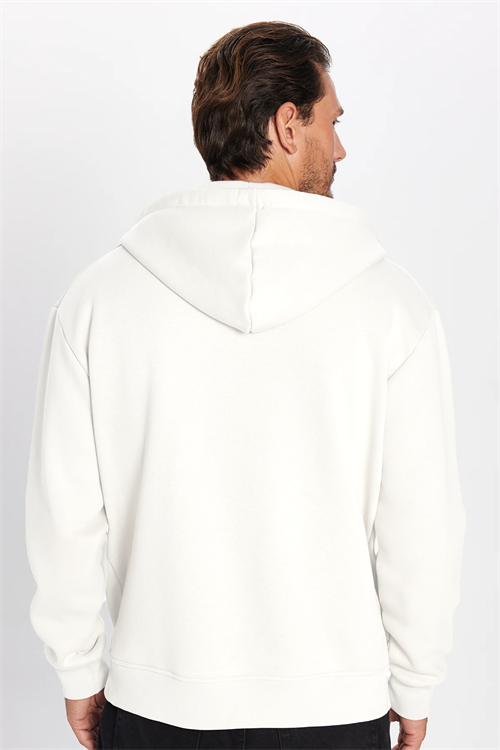 Unisex Relax Fit Rahat Kesim Pamuklu İçi Polarlı Çift Cepli Fermuarlı Beyaz Kapüşonlu Sweatshirt