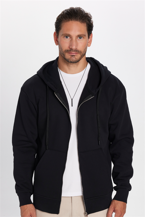 Unisex Relax Fit Rahat Kesim Pamuklu İçi Polarlı Çift Cepli Fermuarlı Siyah Kapüşonlu Sweatshirt
