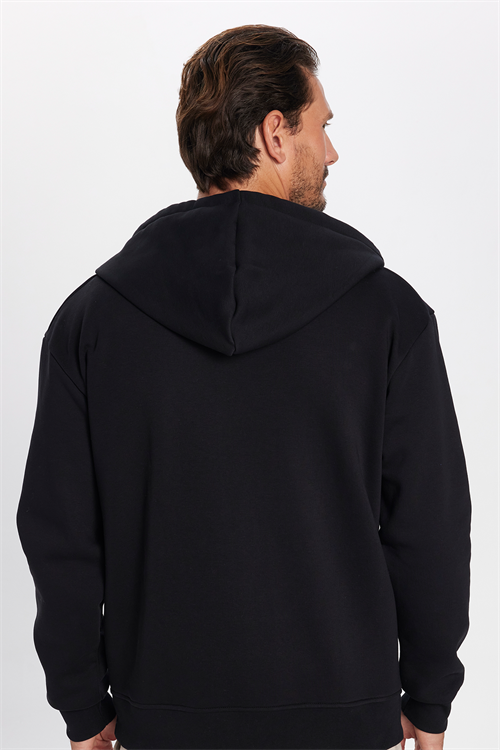 Unisex Relax Fit Rahat Kesim Pamuklu İçi Polarlı Çift Cepli Fermuarlı Siyah Kapüşonlu Sweatshirt