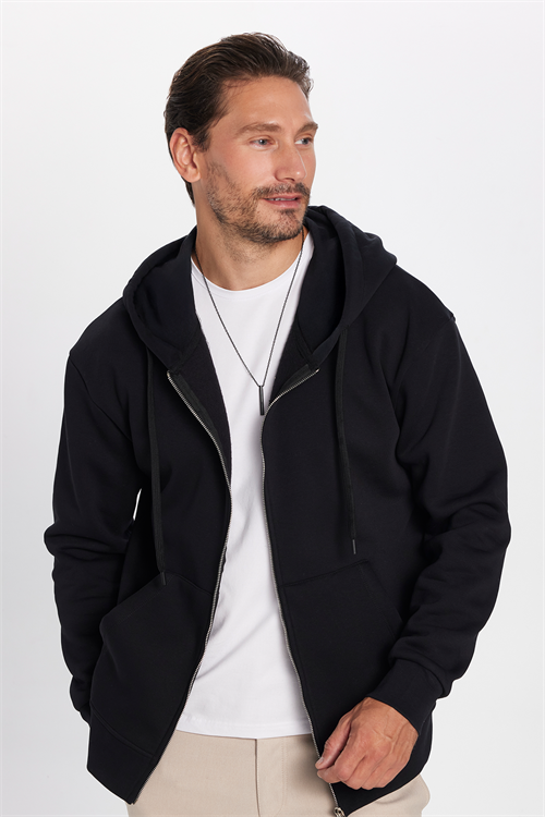 Unisex Relax Fit Rahat Kesim Pamuklu İçi Polarlı Çift Cepli Fermuarlı Siyah Kapüşonlu Sweatshirt