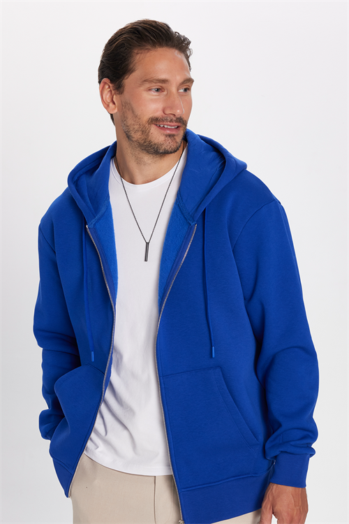 Unisex Relax Fit Rahat Kesim Pamuklu İçi Polarlı Çift Cepli Fermuarlı Sax Mavi Kapüşonlu Sweatshirt