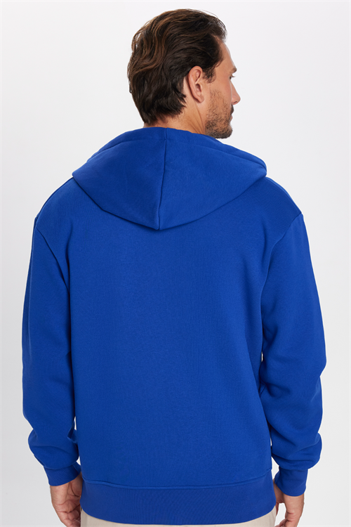 Unisex Relax Fit Rahat Kesim Pamuklu İçi Polarlı Çift Cepli Fermuarlı Sax Mavi Kapüşonlu Sweatshirt