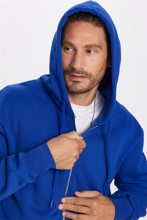 Unisex Relax Fit Rahat Kesim Pamuklu İçi Polarlı Çift Cepli Fermuarlı Sax Mavi Kapüşonlu Sweatshirt
