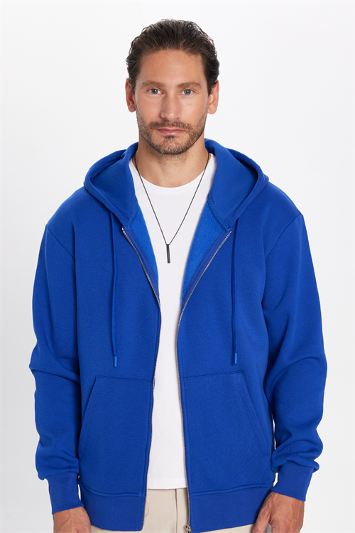 Unisex Relax Fit Rahat Kesim Pamuklu İçi Polarlı Çift Cepli Fermuarlı Sax Mavi Kapüşonlu Sweatshirt