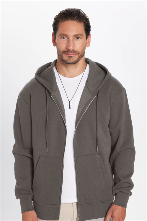 Unisex Relax Fit Rahat Kesim Pamuklu İçi Polarlı Çift Cepli Fermuarlı Gri Kapüşonlu Sweatshirt