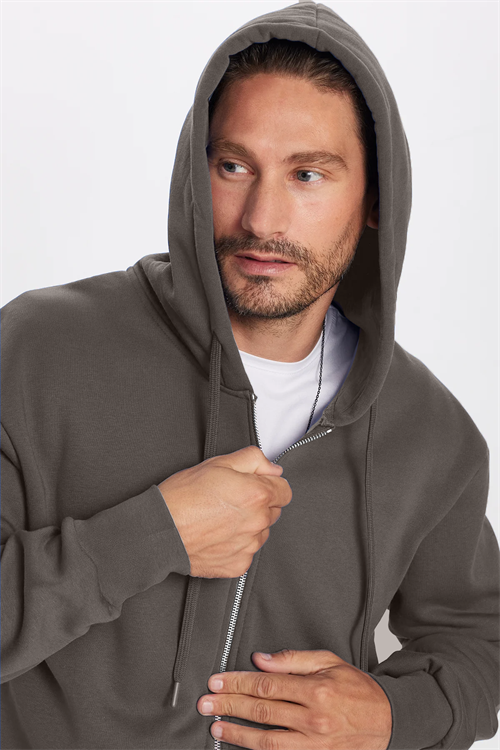 Unisex Relax Fit Rahat Kesim Pamuklu İçi Polarlı Çift Cepli Fermuarlı Gri Kapüşonlu Sweatshirt