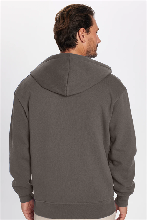 Unisex Relax Fit Rahat Kesim Pamuklu İçi Polarlı Çift Cepli Fermuarlı Gri Kapüşonlu Sweatshirt