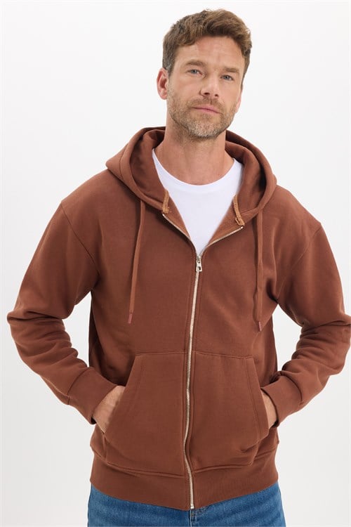Unisex Relax Fit Rahat Kesim Pamuklu İçi Polarlı Çift Cepli Fermuarlı Kahverengi Kapüşonlu Sweatshirt