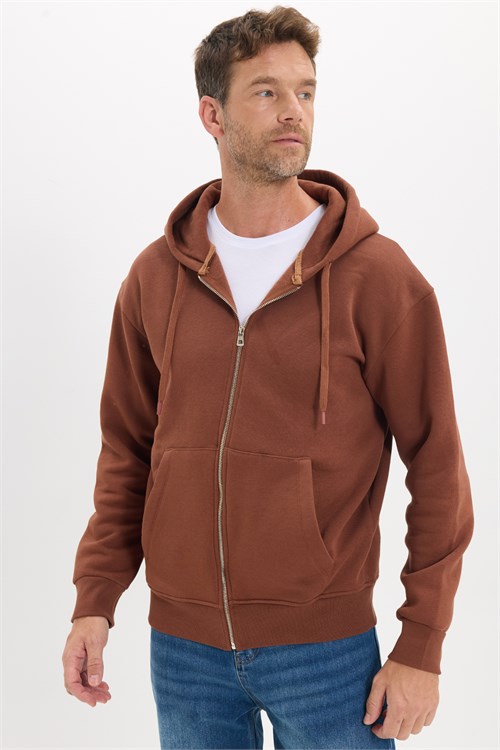 Unisex Relax Fit Rahat Kesim Pamuklu İçi Polarlı Çift Cepli Fermuarlı Kahverengi Kapüşonlu Sweatshirt