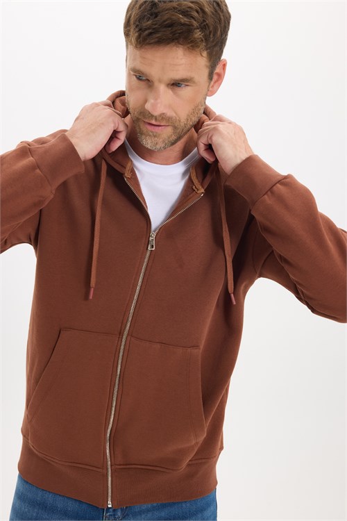 Unisex Relax Fit Rahat Kesim Pamuklu İçi Polarlı Çift Cepli Fermuarlı Kahverengi Kapüşonlu Sweatshirt