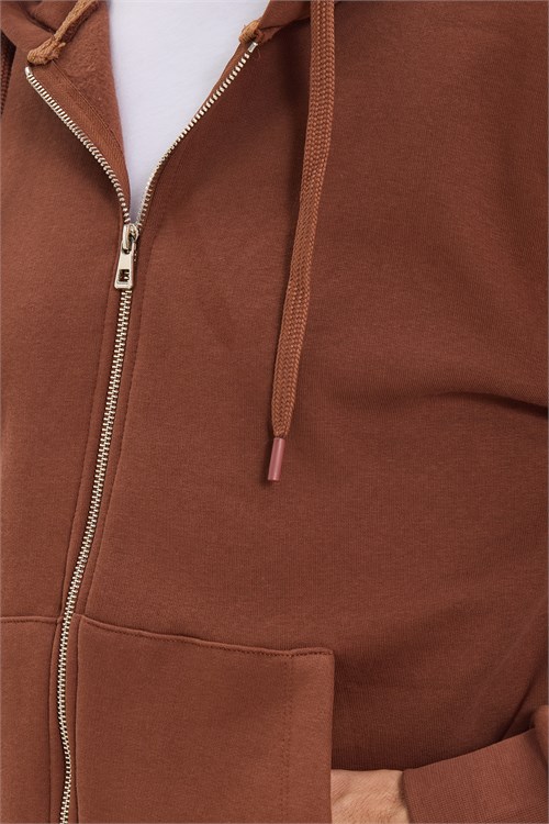 Unisex Relax Fit Rahat Kesim Pamuklu İçi Polarlı Çift Cepli Fermuarlı Kahverengi Kapüşonlu Sweatshirt