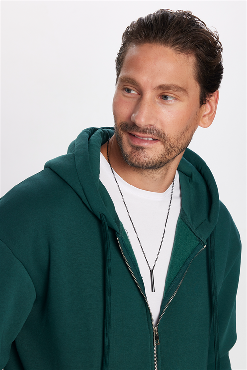 Unisex Relax Fit Rahat Kesim Pamuklu İçi Polarlı Çift Cepli Fermuarlı Yeşil Kapüşonlu Sweatshirt