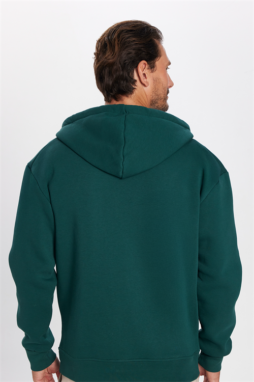 Unisex Relax Fit Rahat Kesim Pamuklu İçi Polarlı Çift Cepli Fermuarlı Yeşil Kapüşonlu Sweatshirt