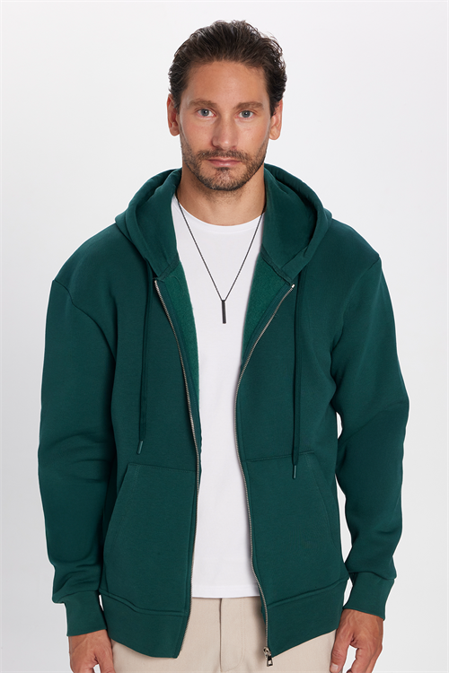 Unisex Relax Fit Rahat Kesim Pamuklu İçi Polarlı Çift Cepli Fermuarlı Yeşil Kapüşonlu Sweatshirt
