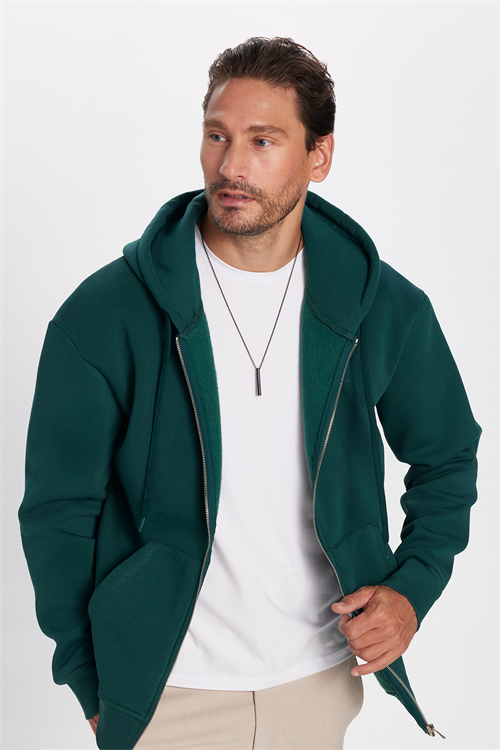 Unisex Relax Fit Rahat Kesim Pamuklu İçi Polarlı Çift Cepli Fermuarlı Yeşil Kapüşonlu Sweatshirt