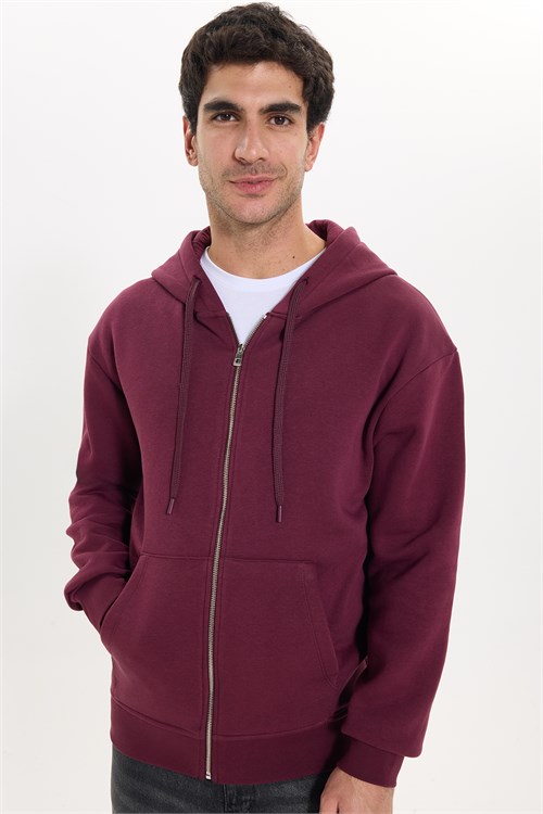 Unisex Relax Fit Rahat Kesim Pamuklu İçi Polarlı Çift Cepli Fermuarlı Bordo Kapüşonlu Sweatshirt