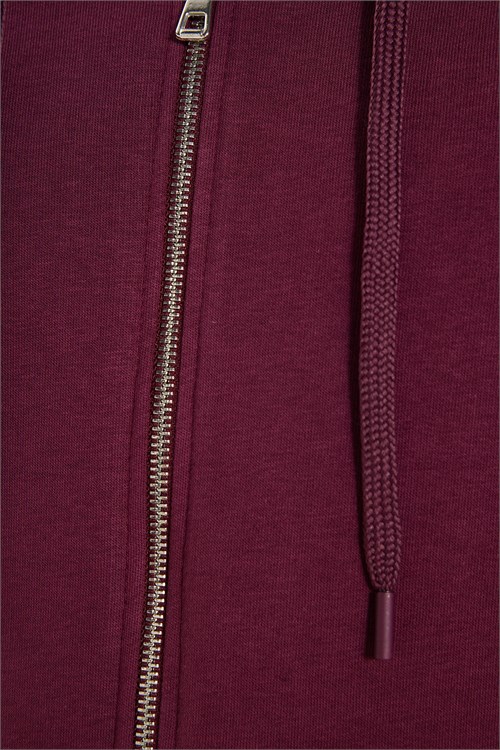 Unisex Relax Fit Rahat Kesim Pamuklu İçi Polarlı Çift Cepli Fermuarlı Bordo Kapüşonlu Sweatshirt