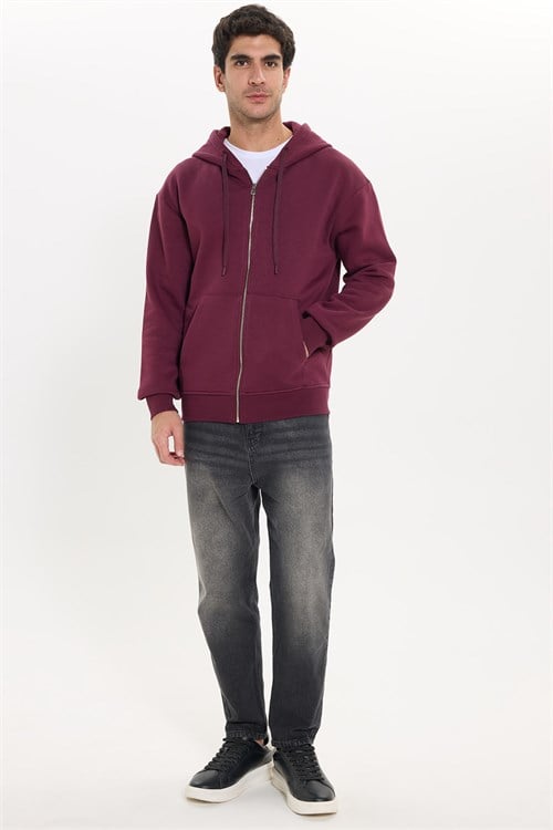 Unisex Relax Fit Rahat Kesim Pamuklu İçi Polarlı Çift Cepli Fermuarlı Bordo Kapüşonlu Sweatshirt