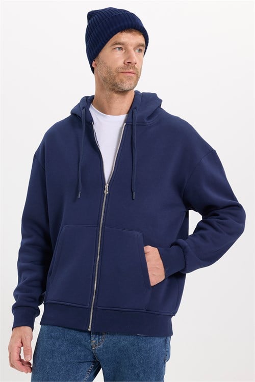 Unisex Relax Fit Rahat Kesim Pamuklu İçi Polarlı Çift Cepli Fermuarlı Lacivert Kapüşonlu Sweatshirt