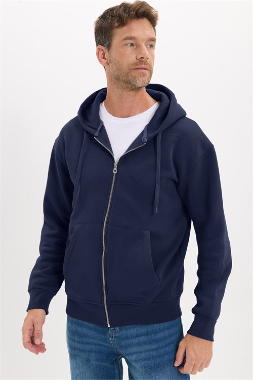 Unisex Relax Fit Rahat Kesim Pamuklu İçi Polarlı Çift Cepli Fermuarlı Lacivert Kapüşonlu Sweatshirt