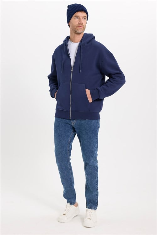 Unisex Relax Fit Rahat Kesim Pamuklu İçi Polarlı Çift Cepli Fermuarlı Lacivert Kapüşonlu Sweatshirt