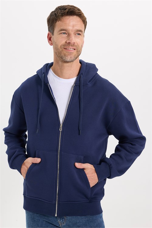 Unisex Relax Fit Rahat Kesim Pamuklu İçi Polarlı Çift Cepli Fermuarlı Lacivert Kapüşonlu Sweatshirt