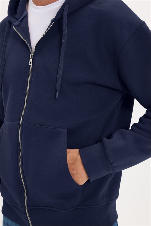 Unisex Relax Fit Rahat Kesim Pamuklu İçi Polarlı Çift Cepli Fermuarlı Lacivert Kapüşonlu Sweatshirt