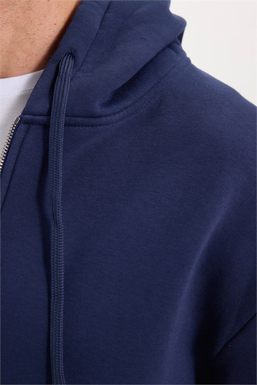 Unisex Relax Fit Rahat Kesim Pamuklu İçi Polarlı Çift Cepli Fermuarlı Lacivert Kapüşonlu Sweatshirt