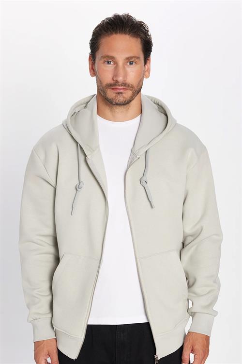 Unisex Relax Fit Rahat Kesim Pamuklu İçi Polarlı Çift Cepli Fermuarlı Taş Renk Kapüşonlu Sweatshirt