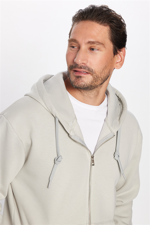 Unisex Relax Fit Rahat Kesim Pamuklu İçi Polarlı Çift Cepli Fermuarlı Taş Renk Kapüşonlu Sweatshirt
