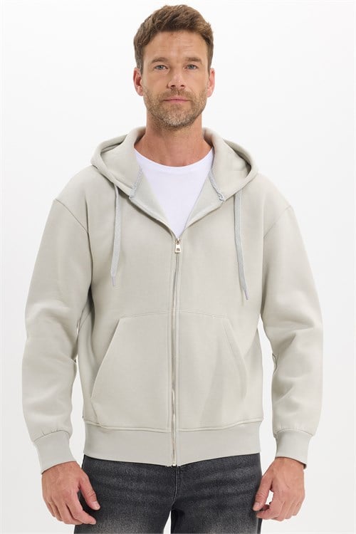 Unisex Relax Fit Rahat Kesim Pamuklu İçi Polarlı Çift Cepli Fermuarlı Taş Renk Kapüşonlu Sweatshirt