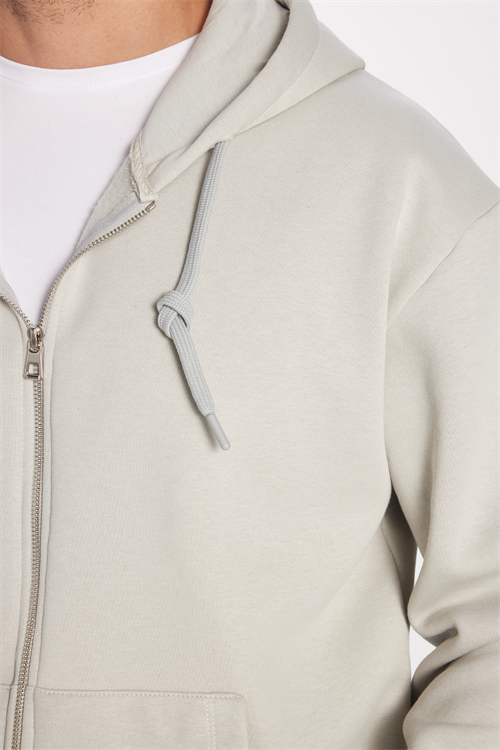 Unisex Relax Fit Rahat Kesim Pamuklu İçi Polarlı Çift Cepli Fermuarlı Taş Renk Kapüşonlu Sweatshirt
