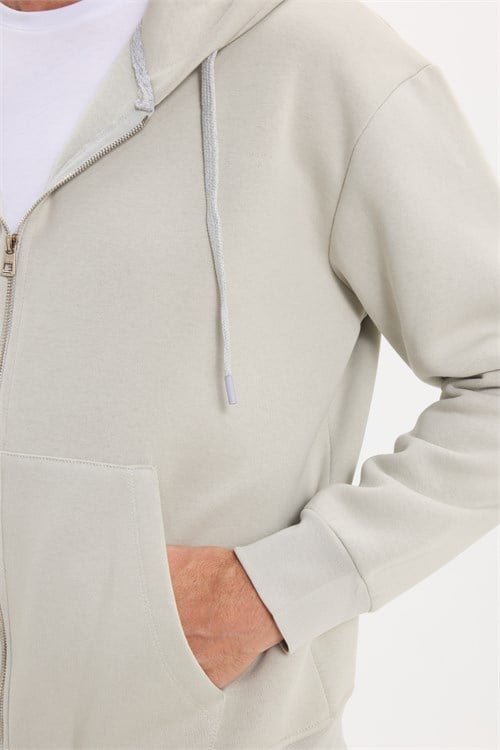 Unisex Relax Fit Rahat Kesim Pamuklu İçi Polarlı Çift Cepli Fermuarlı Taş Renk Kapüşonlu Sweatshirt