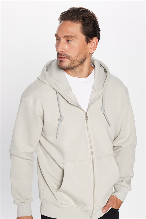 Unisex Relax Fit Rahat Kesim Pamuklu İçi Polarlı Çift Cepli Fermuarlı Taş Renk Kapüşonlu Sweatshirt