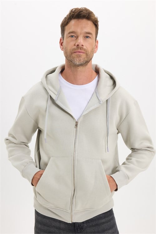 Unisex Relax Fit Rahat Kesim Pamuklu İçi Polarlı Çift Cepli Fermuarlı Taş Renk Kapüşonlu Sweatshirt