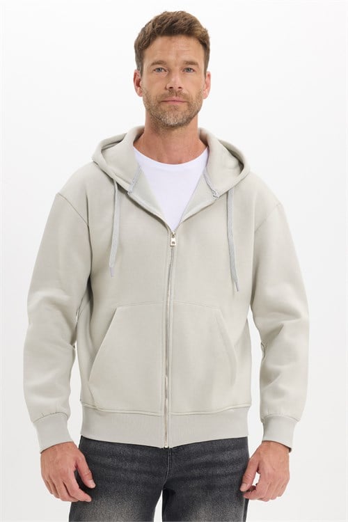 Unisex Relax Fit Rahat Kesim Pamuklu İçi Polarlı Çift Cepli Fermuarlı Taş Renk Kapüşonlu Sweatshirt
