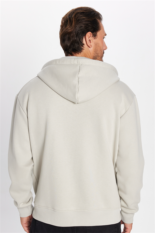Unisex Relax Fit Rahat Kesim Pamuklu İçi Polarlı Çift Cepli Fermuarlı Taş Renk Kapüşonlu Sweatshirt