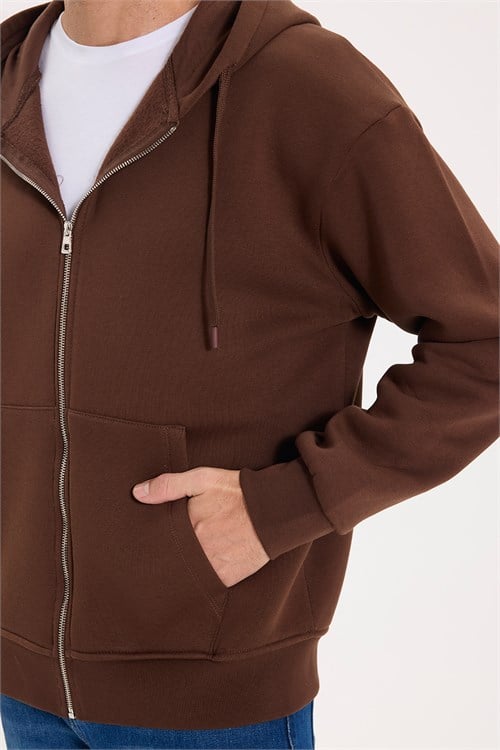 Unisex Relax Fit Rahat Kesim Pamuklu Polarlı Çift Cepli Fermuarlı Kahverengi Kapüşonlu Sweatshirt