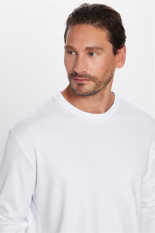 Unisex Relax Fit Rahat Kesim %100 Pamuk Uzun Kollu Bisiklet Yaka Beyaz Basic Tişört