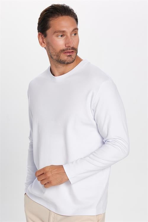 Unisex Relax Fit Rahat Kesim %100 Pamuk Uzun Kollu Bisiklet Yaka Beyaz Basic Tişört