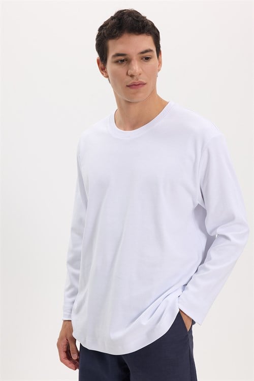 Unisex Relax Fit Rahat Kesim %100 Pamuk Uzun Kollu Bisiklet Yaka Beyaz Basic Tişört