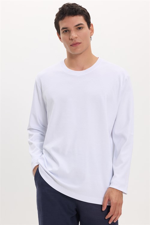 Unisex Relax Fit Rahat Kesim %100 Pamuk Uzun Kollu Bisiklet Yaka Beyaz Basic Tişört